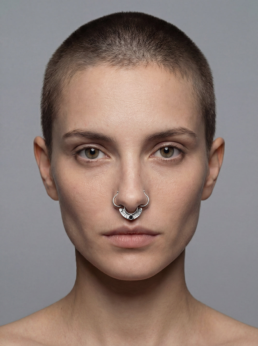 Silver septum ring no piercing, handmade, metal fusion design with faceted black Swarovski crystal.