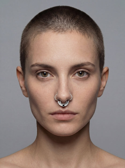 Silver septum ring no piercing, handmade, metal fusion design with faceted black Swarovski crystal.