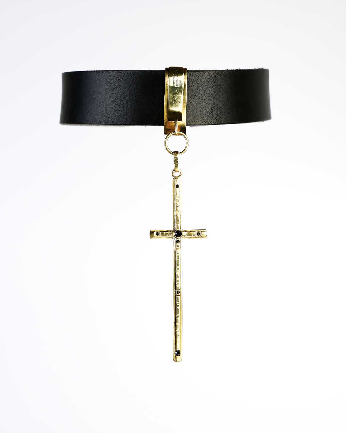leather choker necklace with a beautiful sculpted cross pendant and black gems