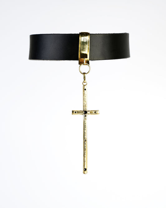 leather choker necklace with a beautiful sculpted cross pendant and black gems