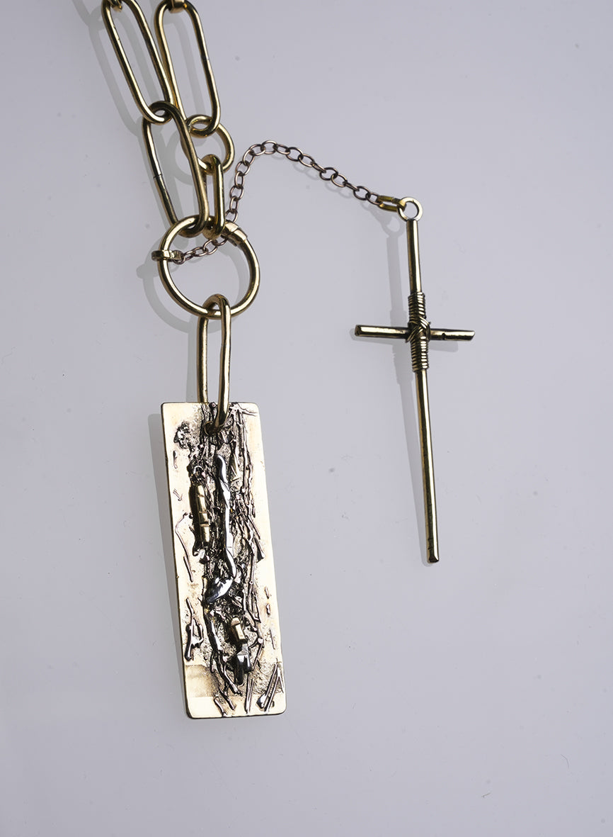 long necklace, made of thin strips of genuine leather and rings, handmade, cross pendant 