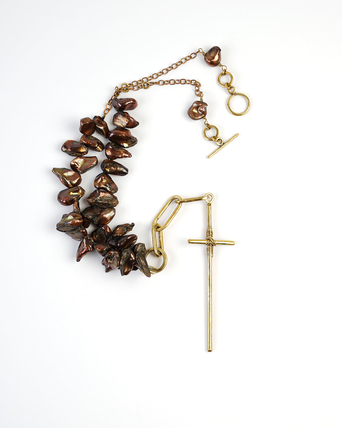 cross pendant, golden necklace with natural pearls