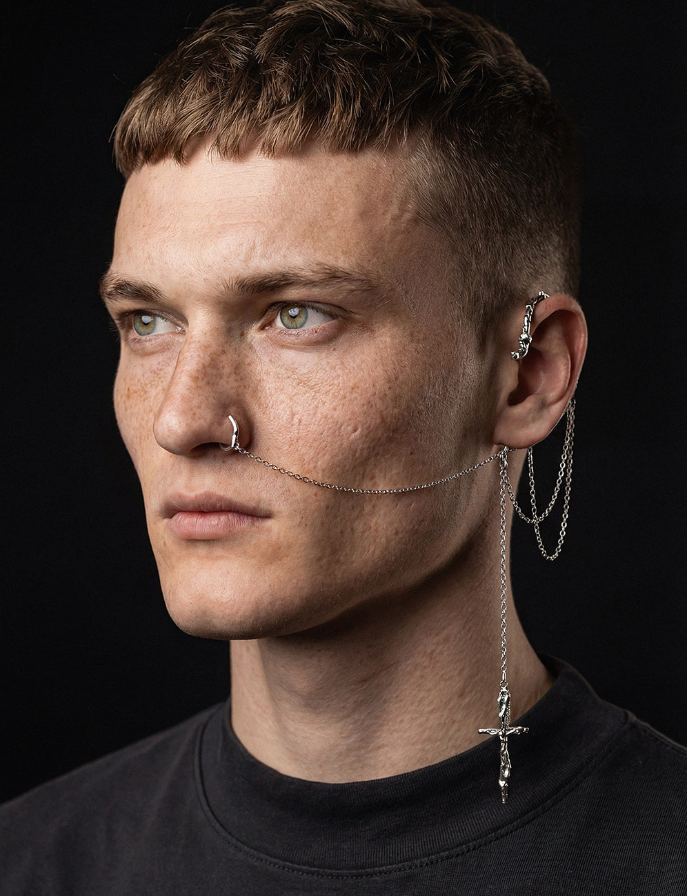 sculpted silver ear cuff with chains and pendant