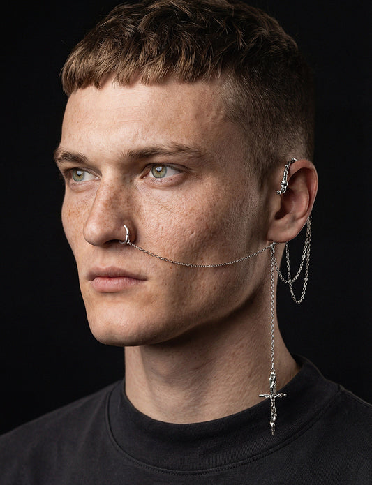 sculpted silver ear cuff with chains and pendant