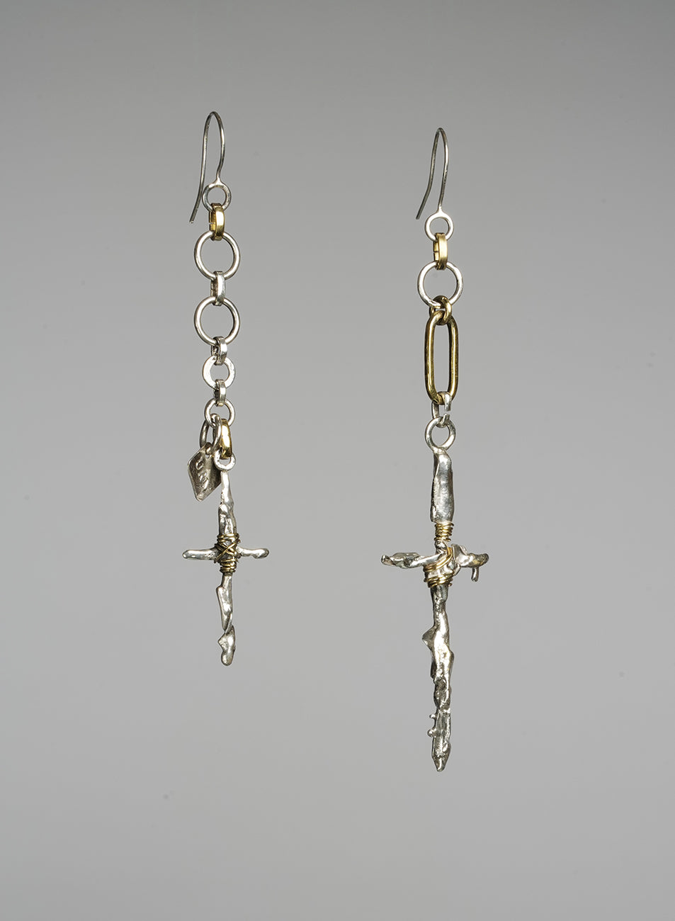 cross pendant asymmetrical earrings, one of a kind jewelry