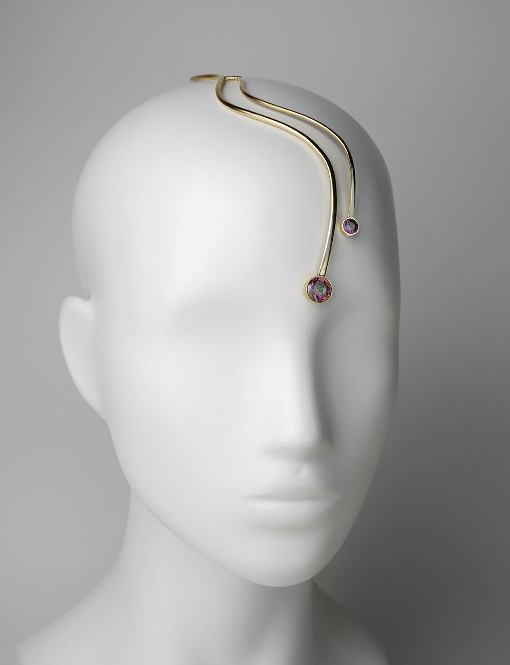handmade jewelry art, adornment for the head, gold color and crystals 