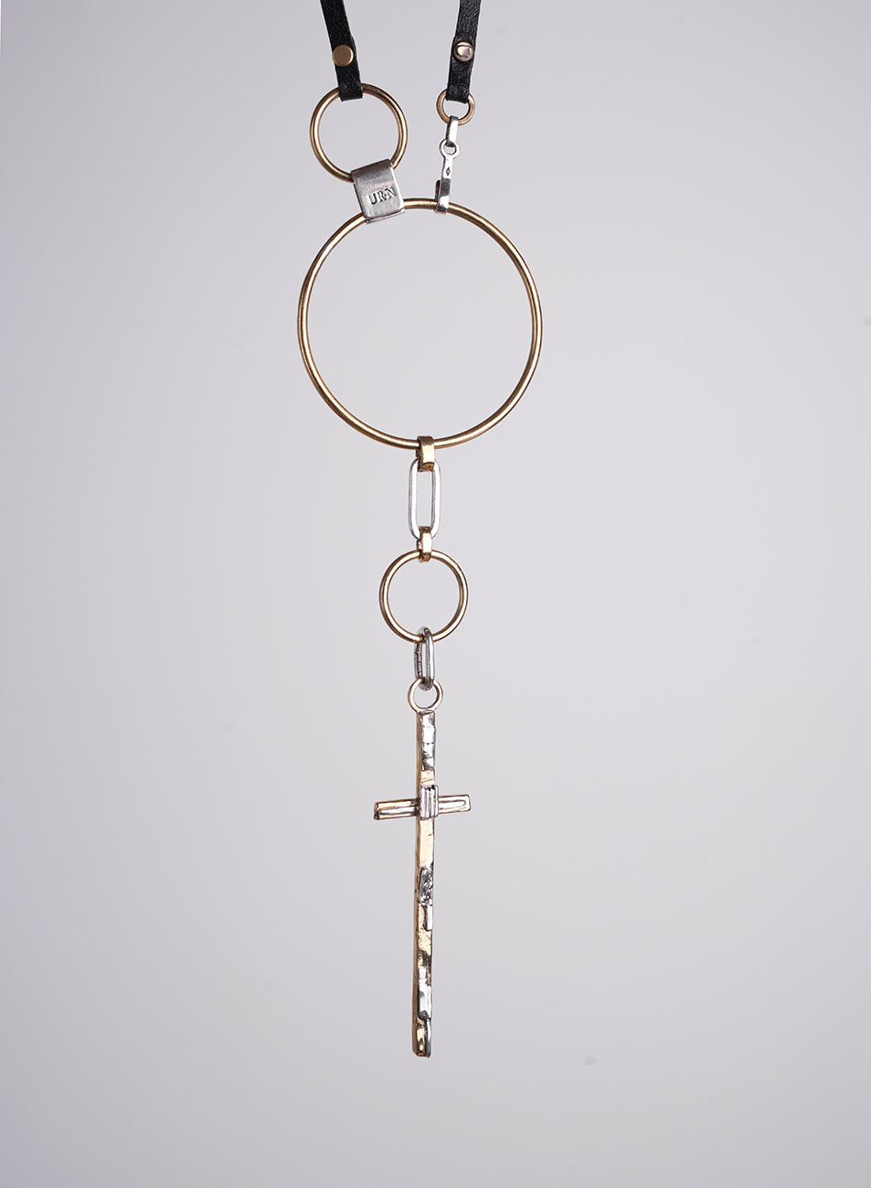 handcrafted long necklace, gold and silver color with a cross pendant