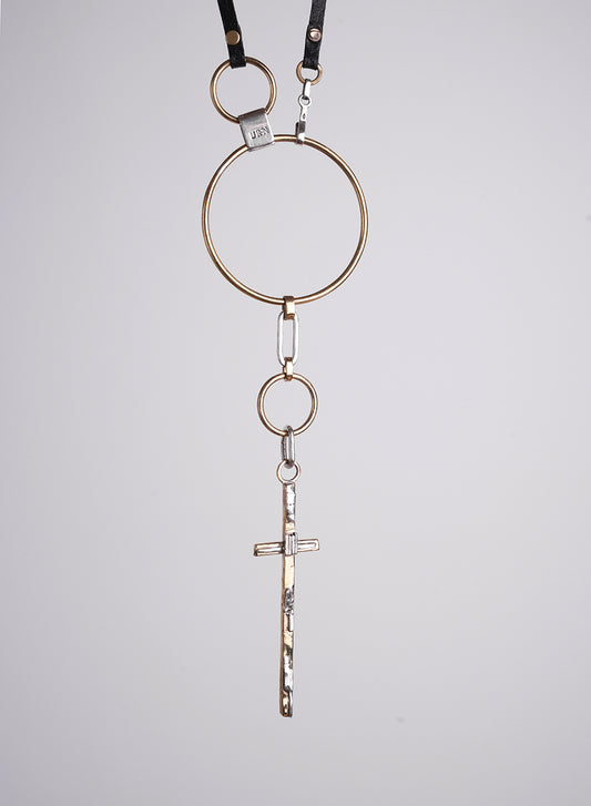 handcrafted long necklace, gold and silver color with a cross pendant