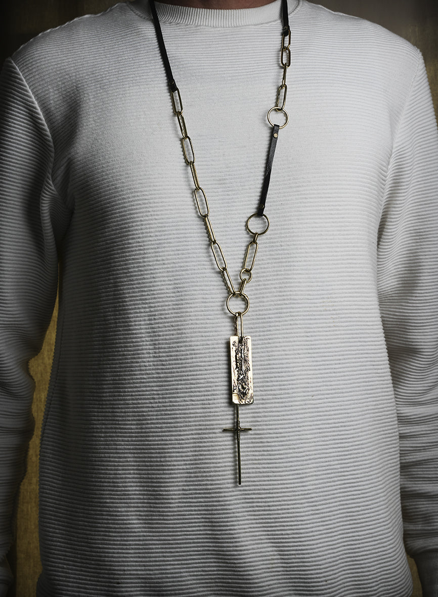 Long necklace, crafted from leather and gold metal, raw style, handmade.