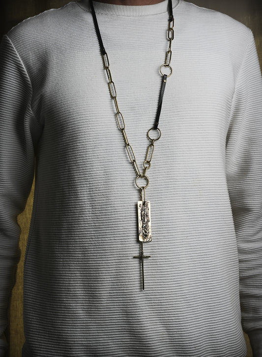 Long necklace, crafted from leather and gold metal, raw style, handmade.
