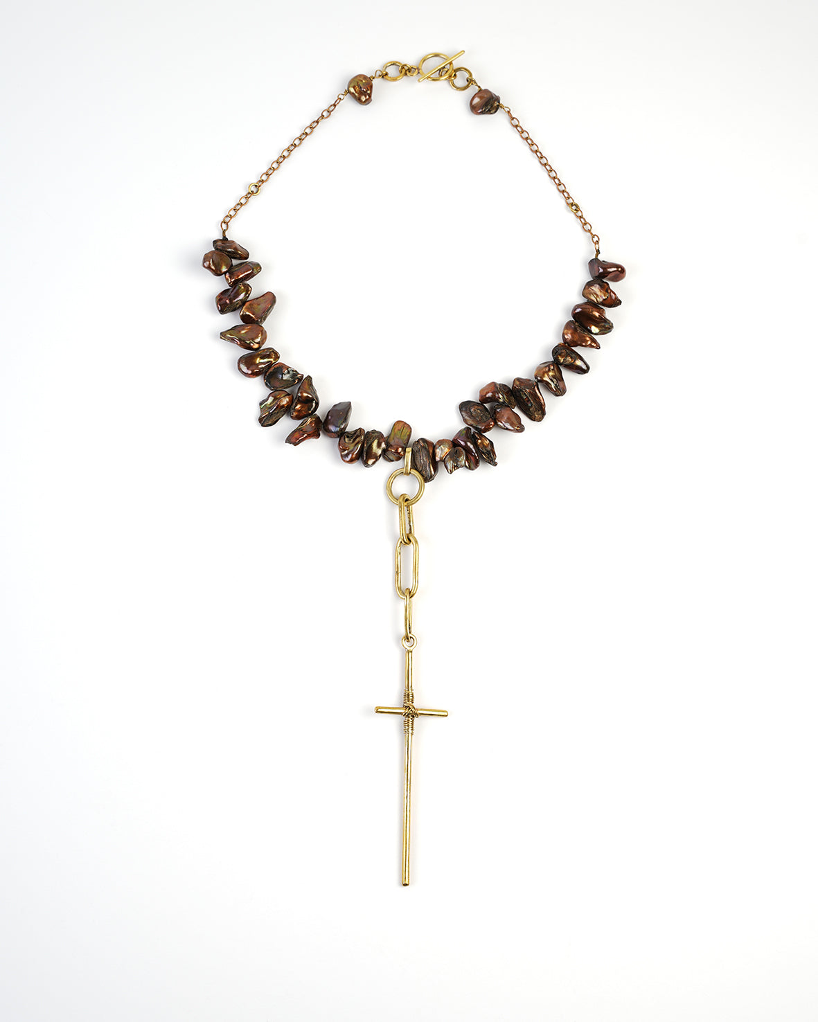 beautiful handmade short necklace with natural Keshi pearls and a cross pendant