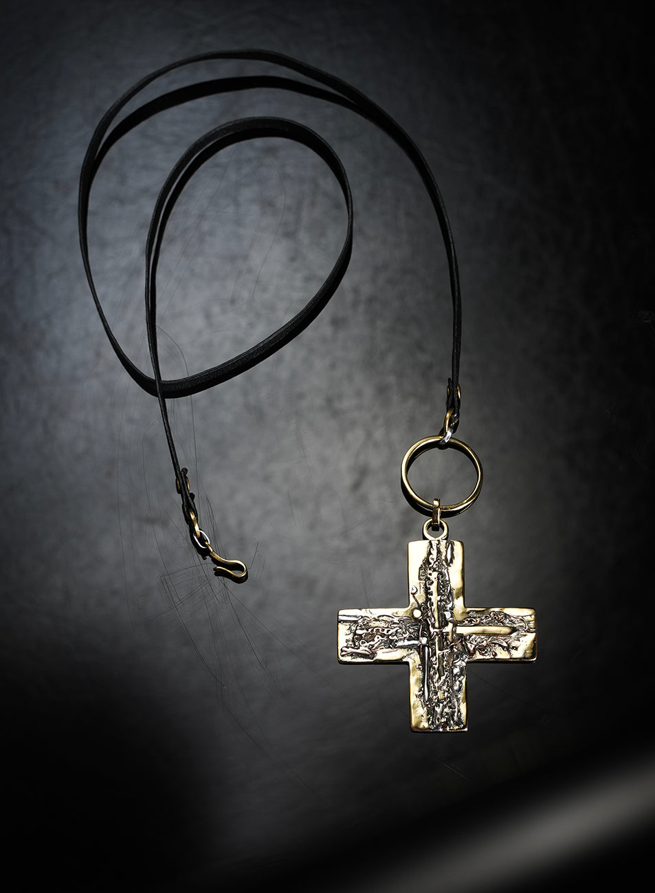 long necklace with gold and silver cross pendant, raw style jewelry