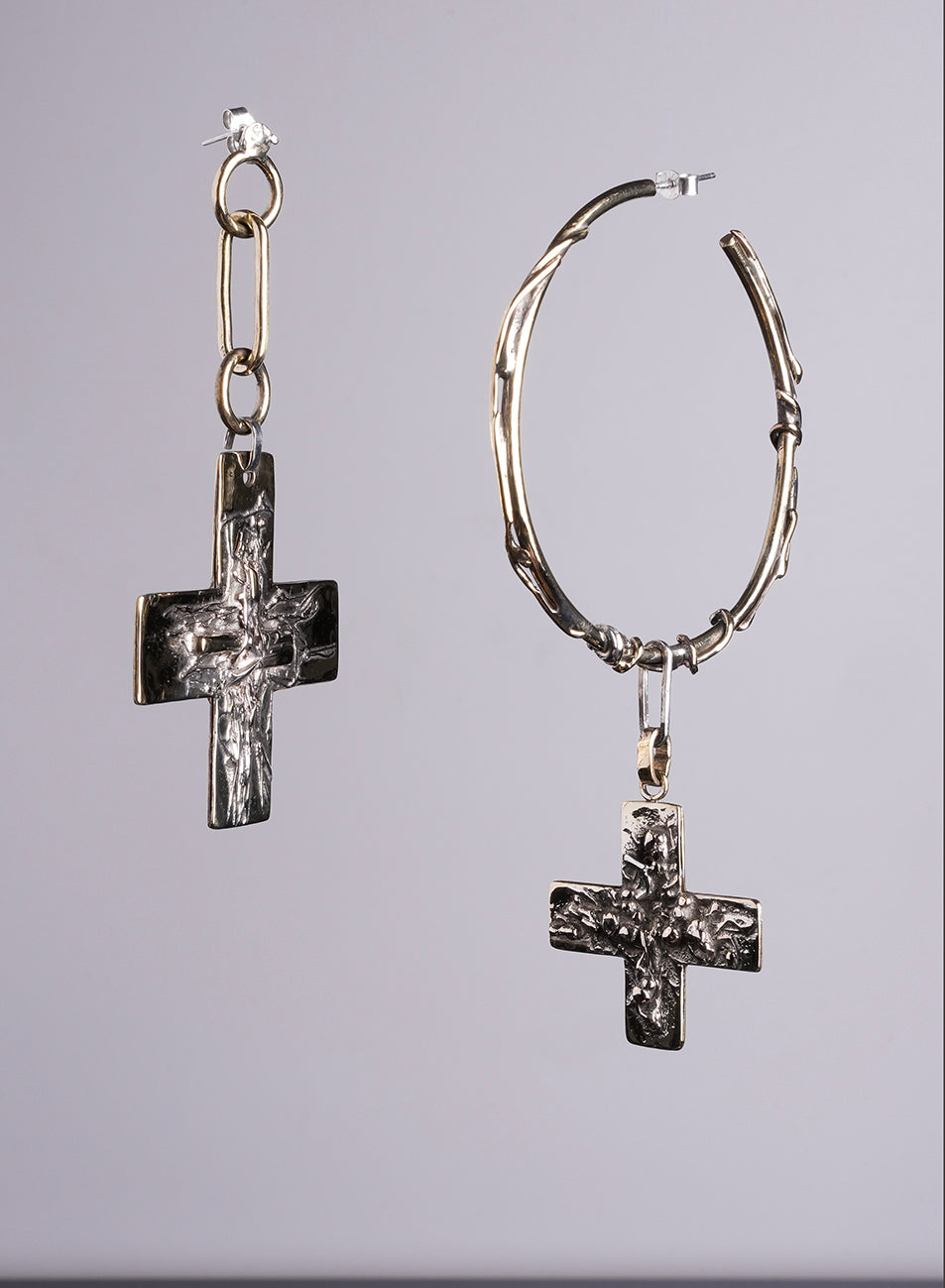 asymetrical one of a kind large earrings, gold color, with cross pendant, 