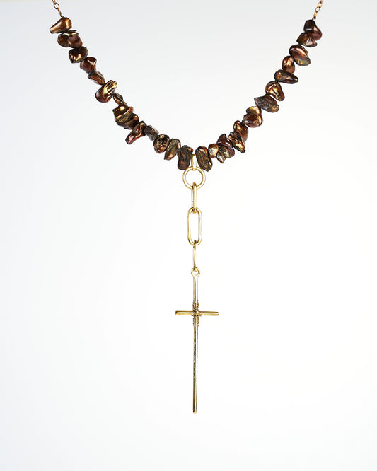 orignal handmade natural Keshi pearls necklace, with golden cross pendant 