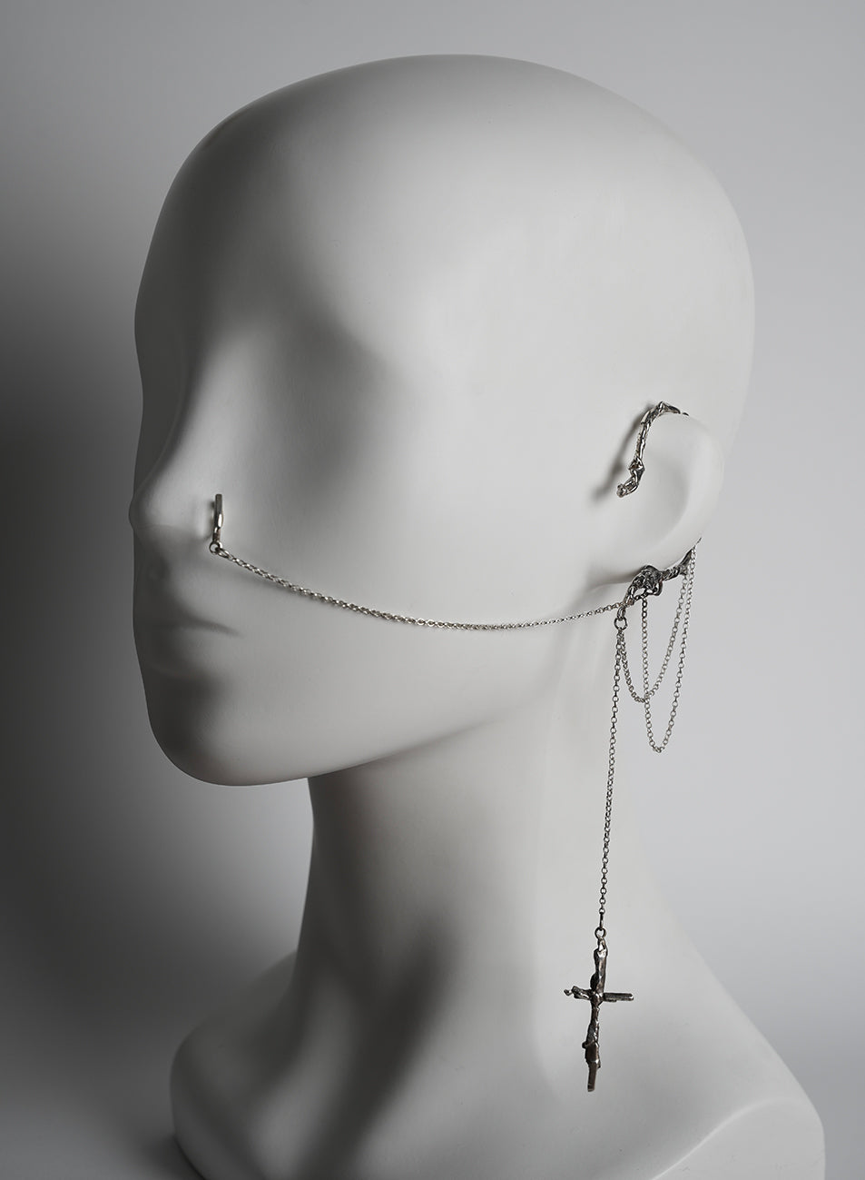 silver ear cuff, with chain pendant and nose clip