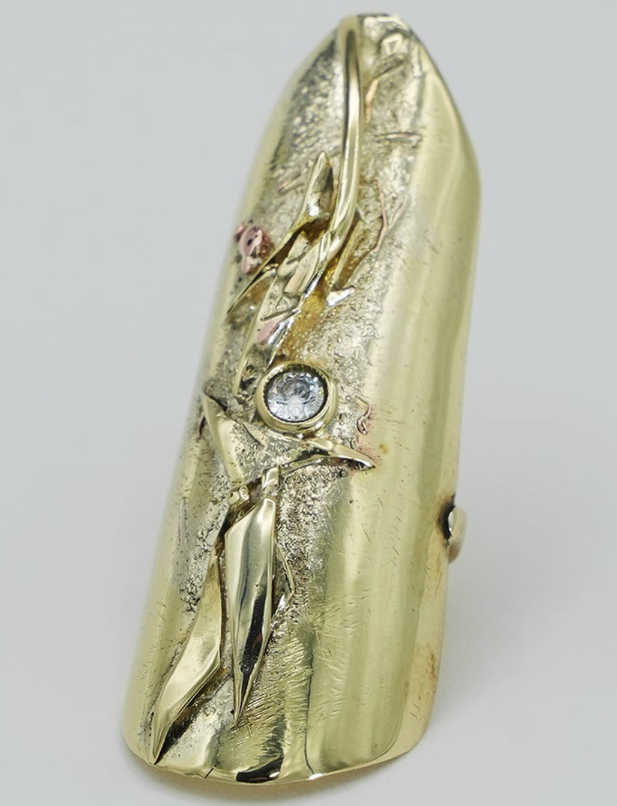 One of a kind gold brass statement ring with raw natural relief details.