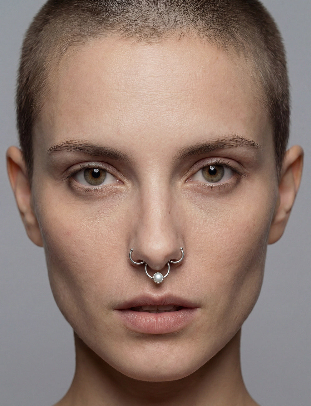 Silver septum ring no piercing with natural pearl, handmade contemporary design.